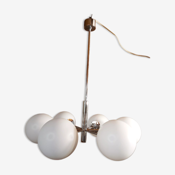 Chrome Sputnik chandelier and white frosted glass globes
