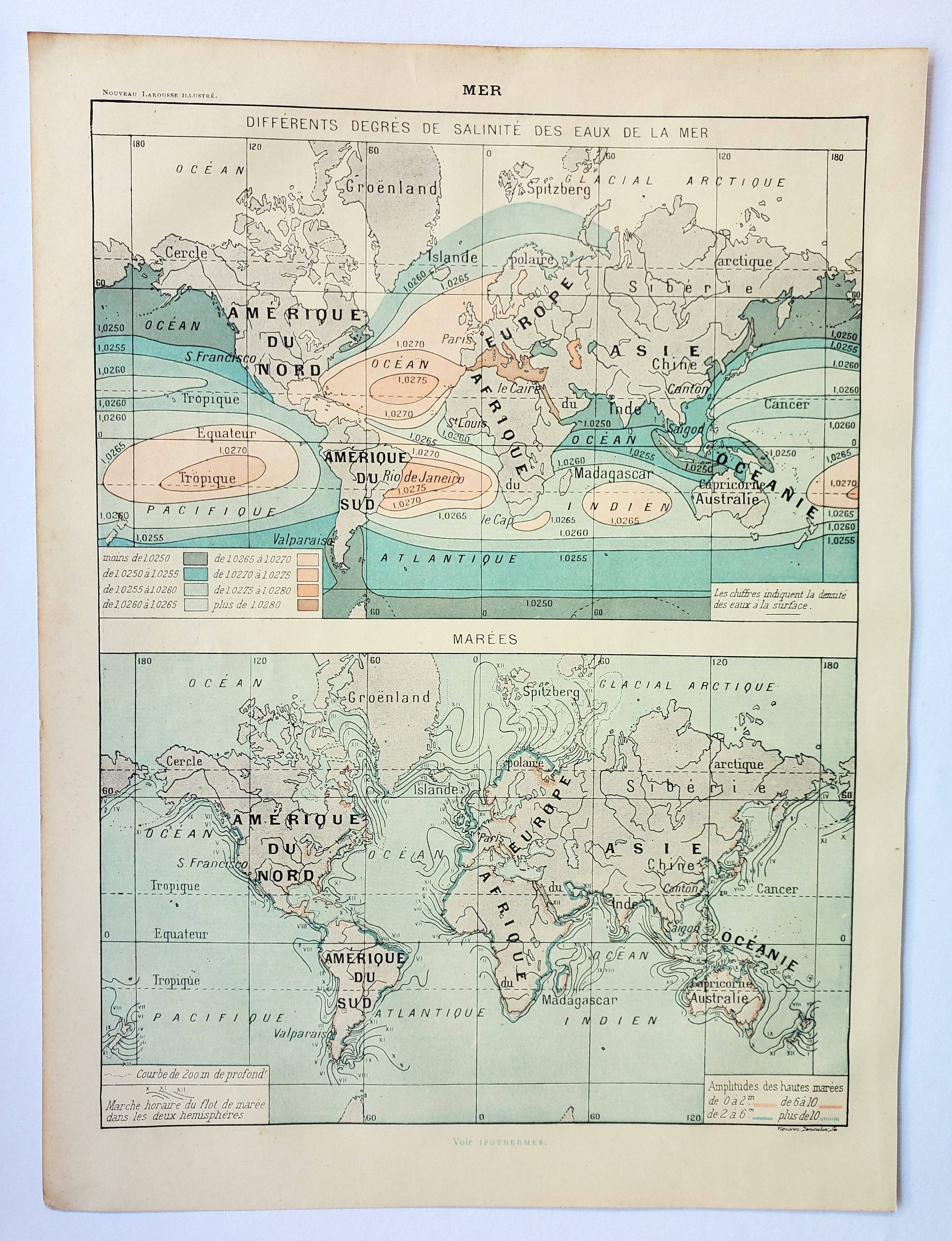 Old engraving 1898, Tides and salinities, map • Lithograph, Original plate