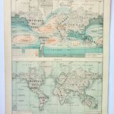 Old engraving 1898, Tides and salinities, map • Lithograph, Original plate