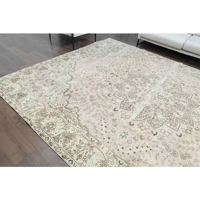 1970s Vintage Persian Handmade Wool Cotton Beige Area Rug 287x367