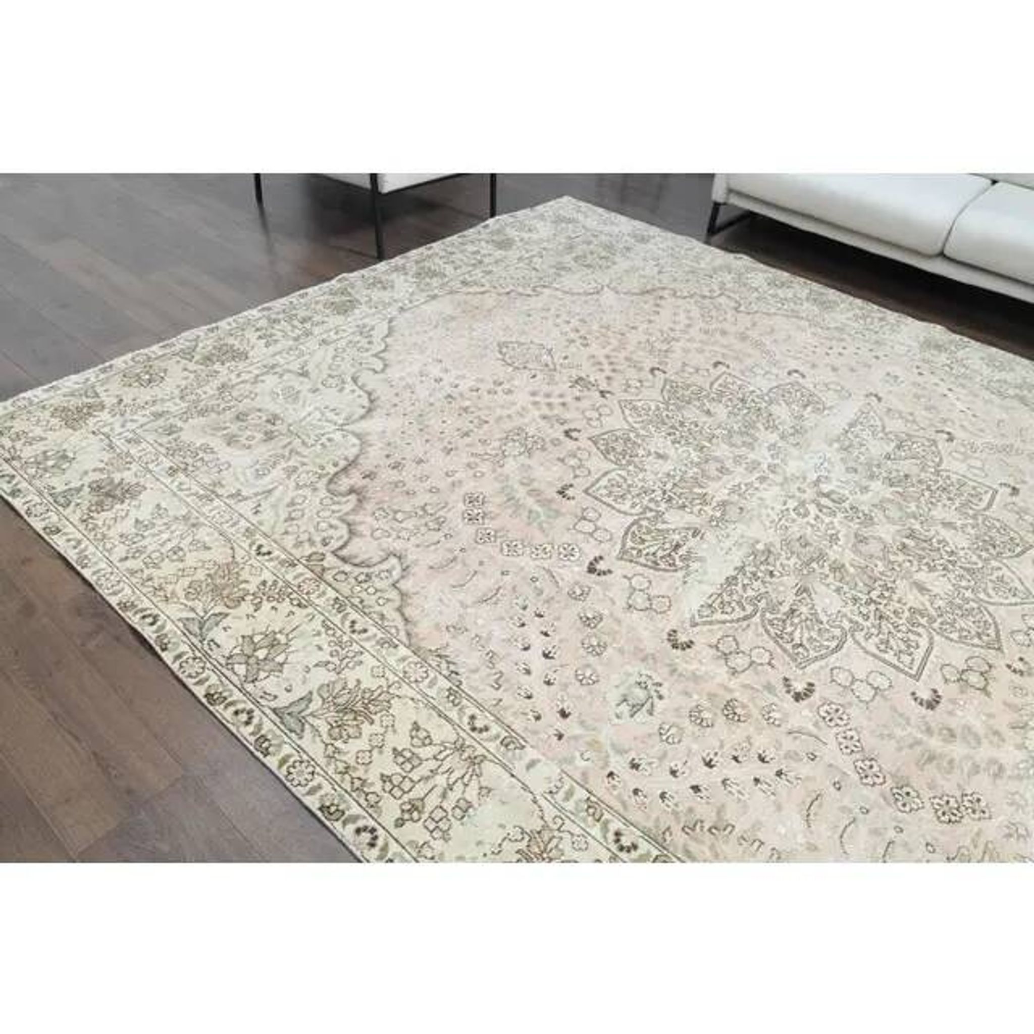 1970s Vintage Persian Handmade Wool Cotton Beige Area Rug 287x367