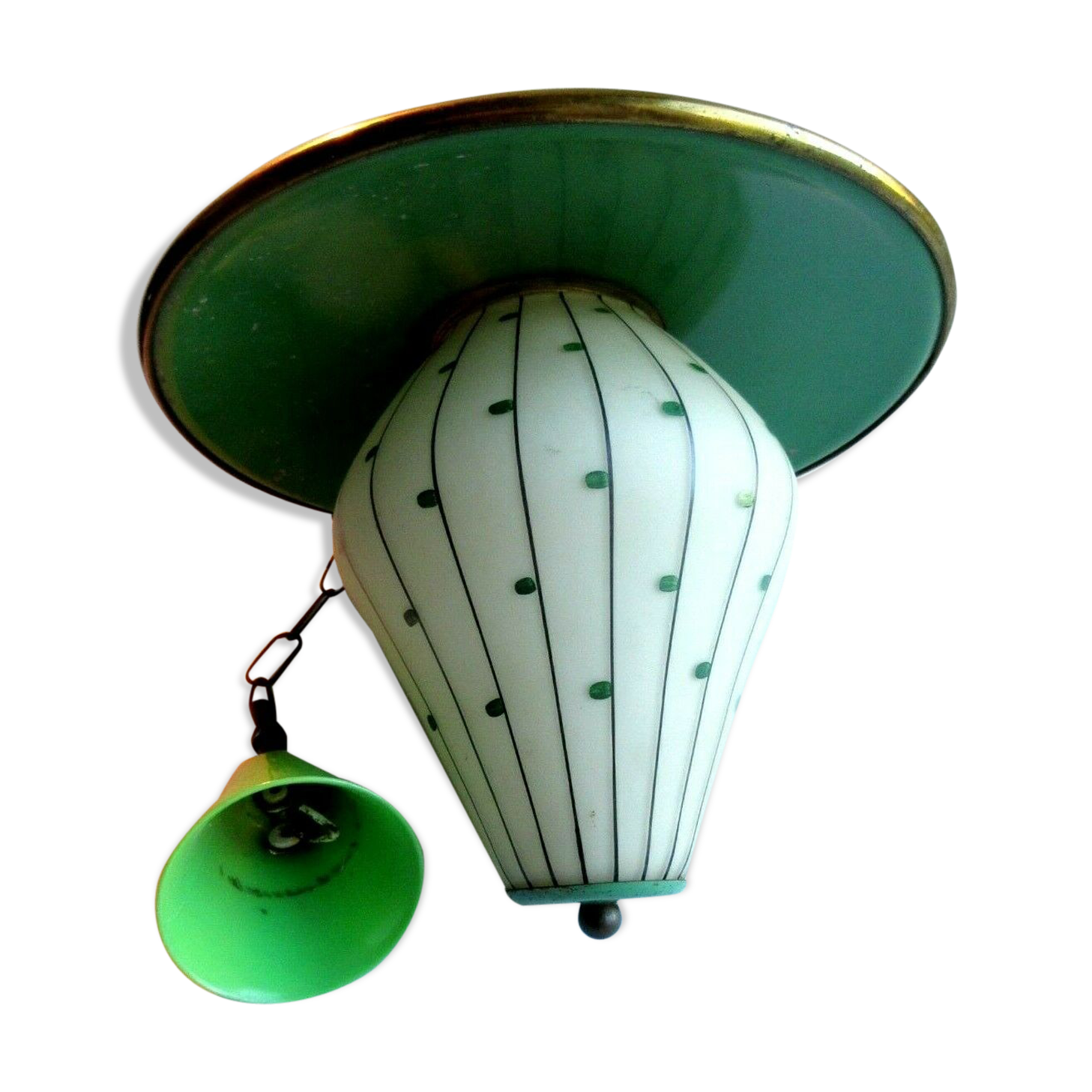 Green sheet metal and globe glass hanging lamp