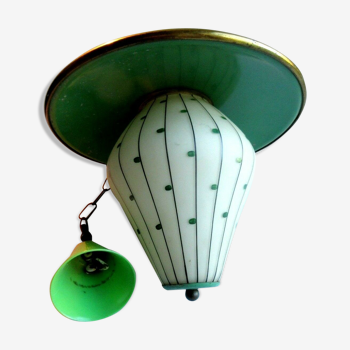 Green sheet metal and globe glass hanging lamp