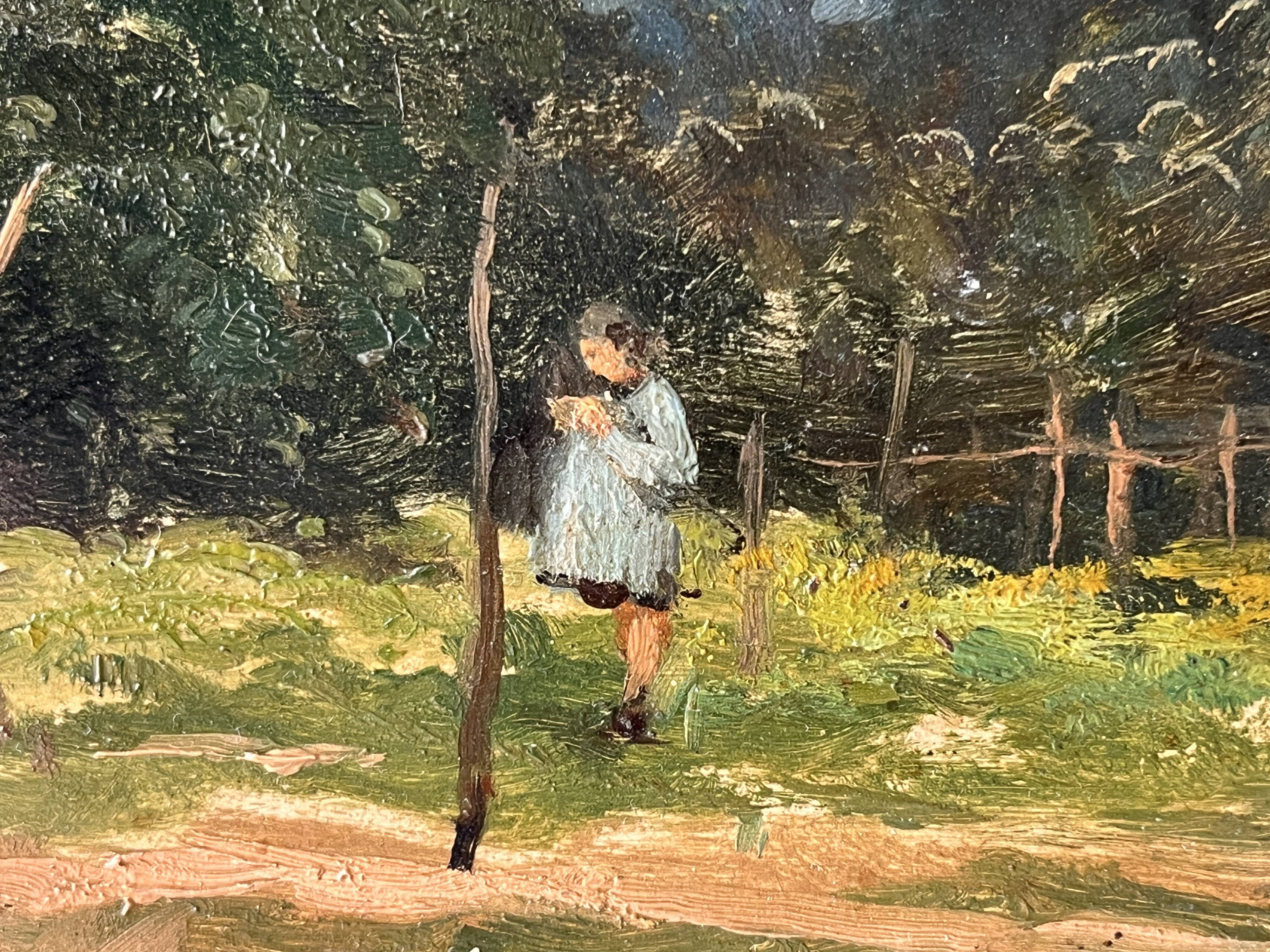 Oil painting of a countryside landscape circa 1920, rural scene signed.
