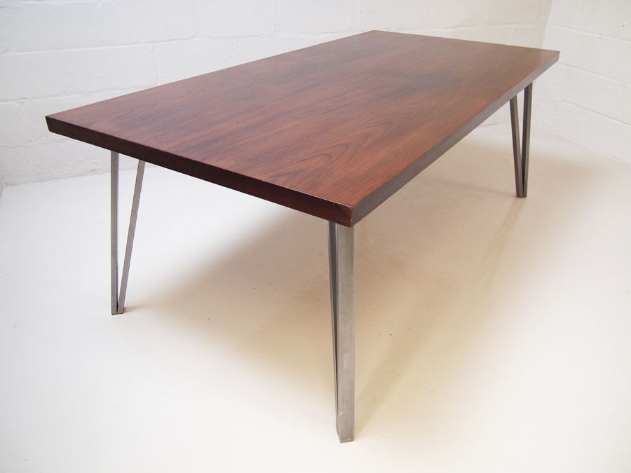 Midcentury danish rosewood dining table on bare steel box pin legs