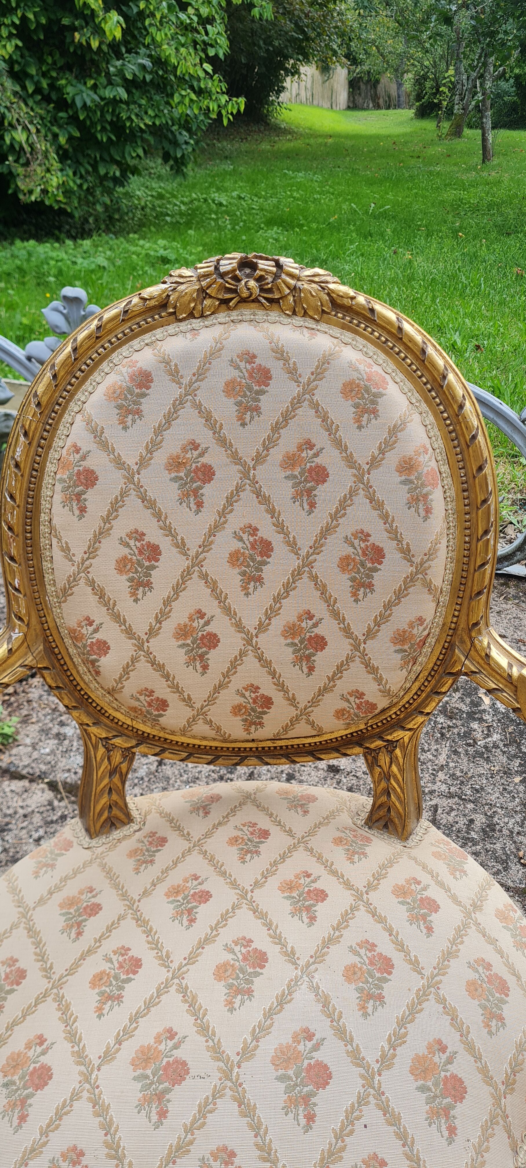 Pair of armchairs medallion in gilded wood Louis XVI style