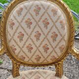 Pair of armchairs medallion in gilded wood Louis XVI style