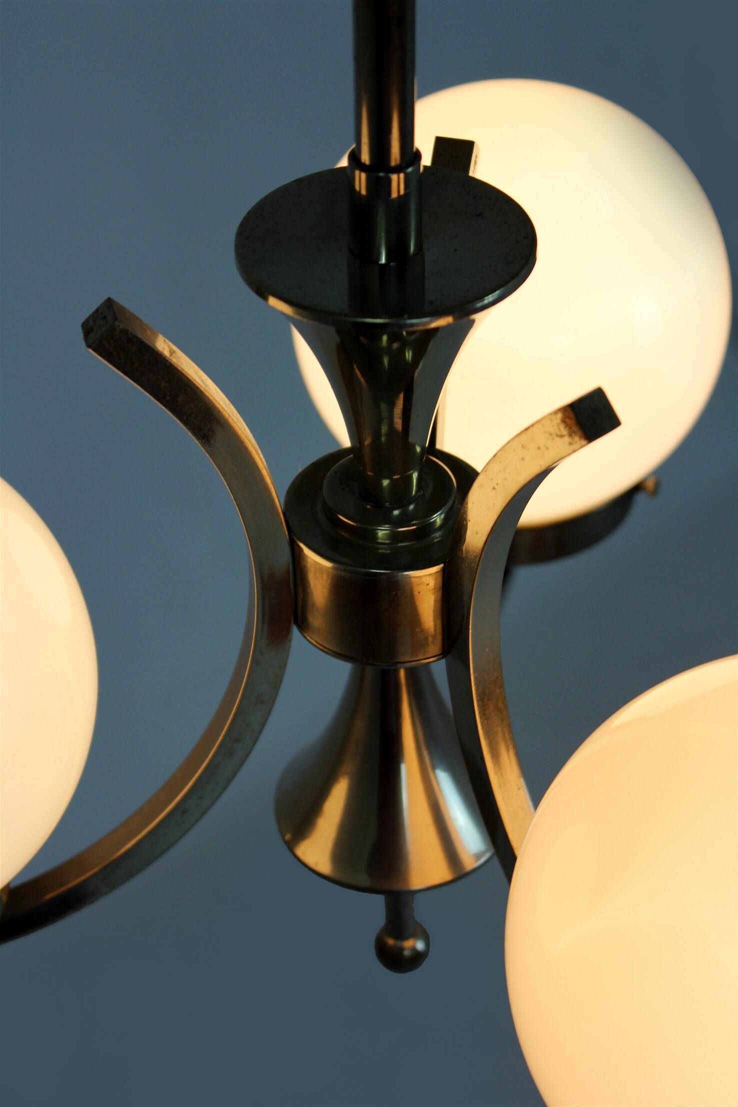 Vintage Czech Bauhaus style pendant light, tall, with opaline glass globes, 1940s
