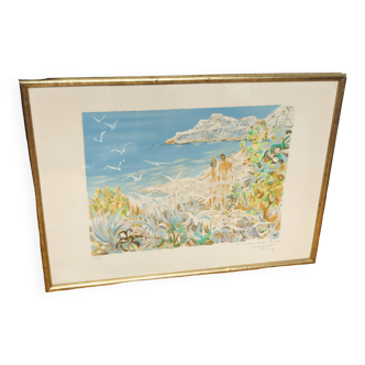 Framed lithograph The Cliff by Pierre Lelong