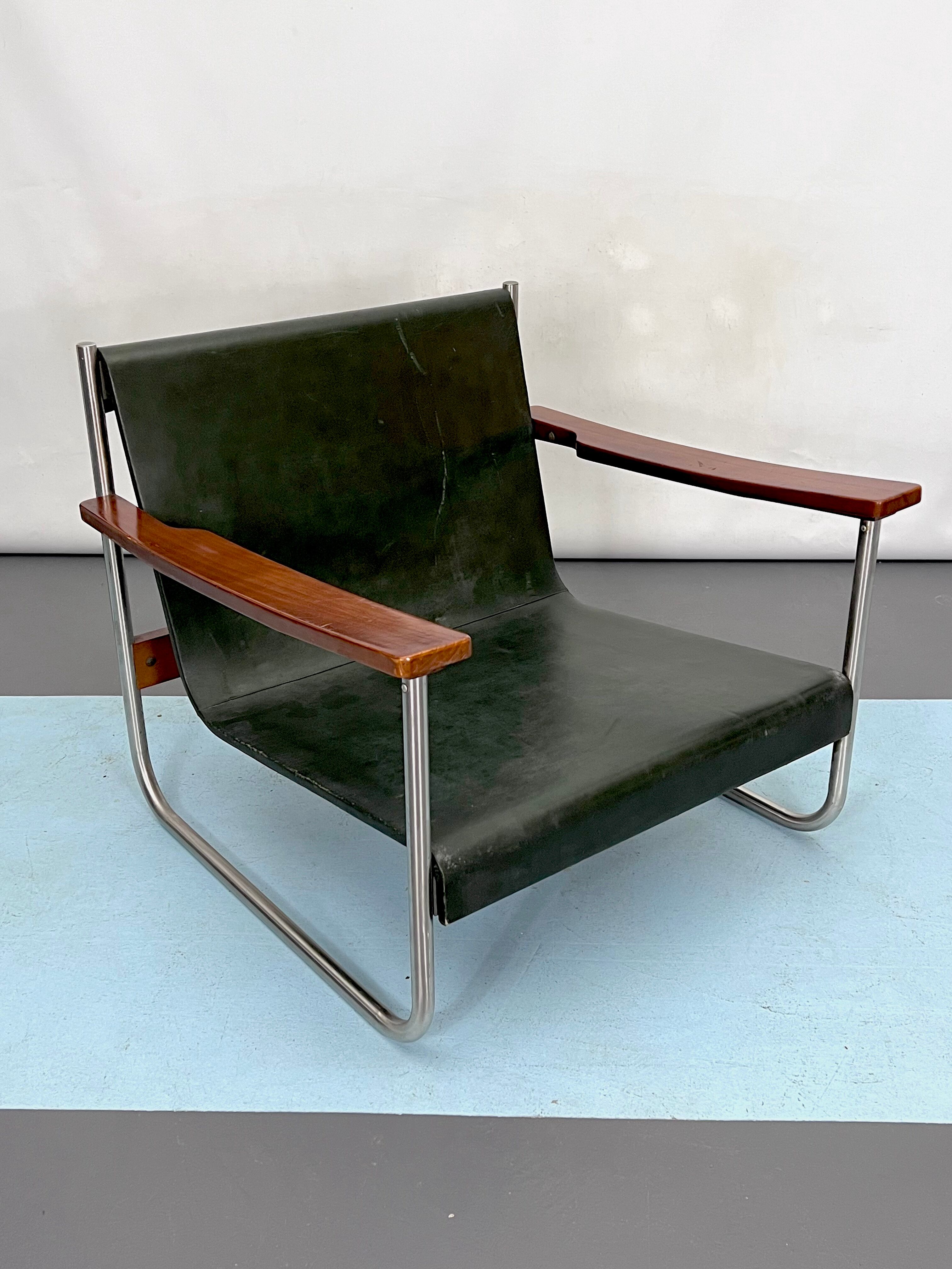 Fauteuil lounge vintage italien chrome et cuir des années 60