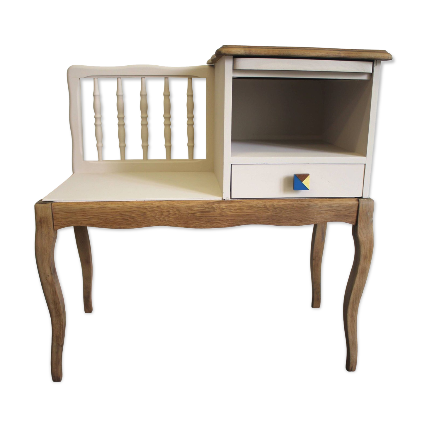 Redesigned beige and wood telephone bench