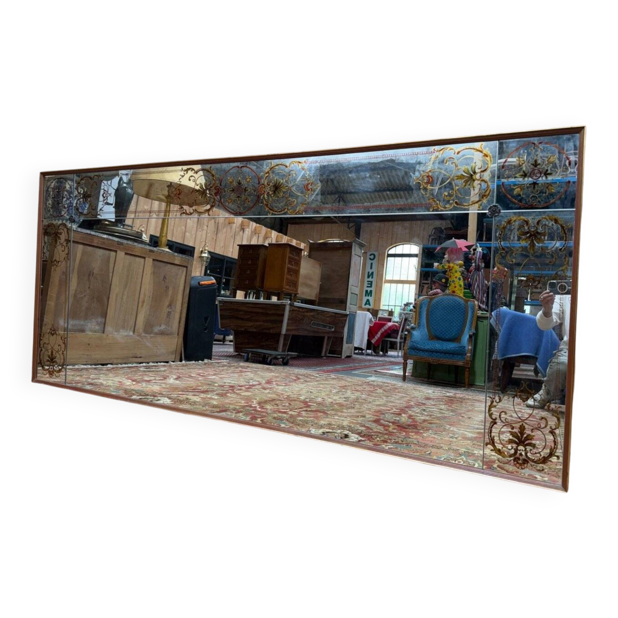 Miroir de brasserie Art Nouveau – Verre églomisé – Bois laqué – Bronze