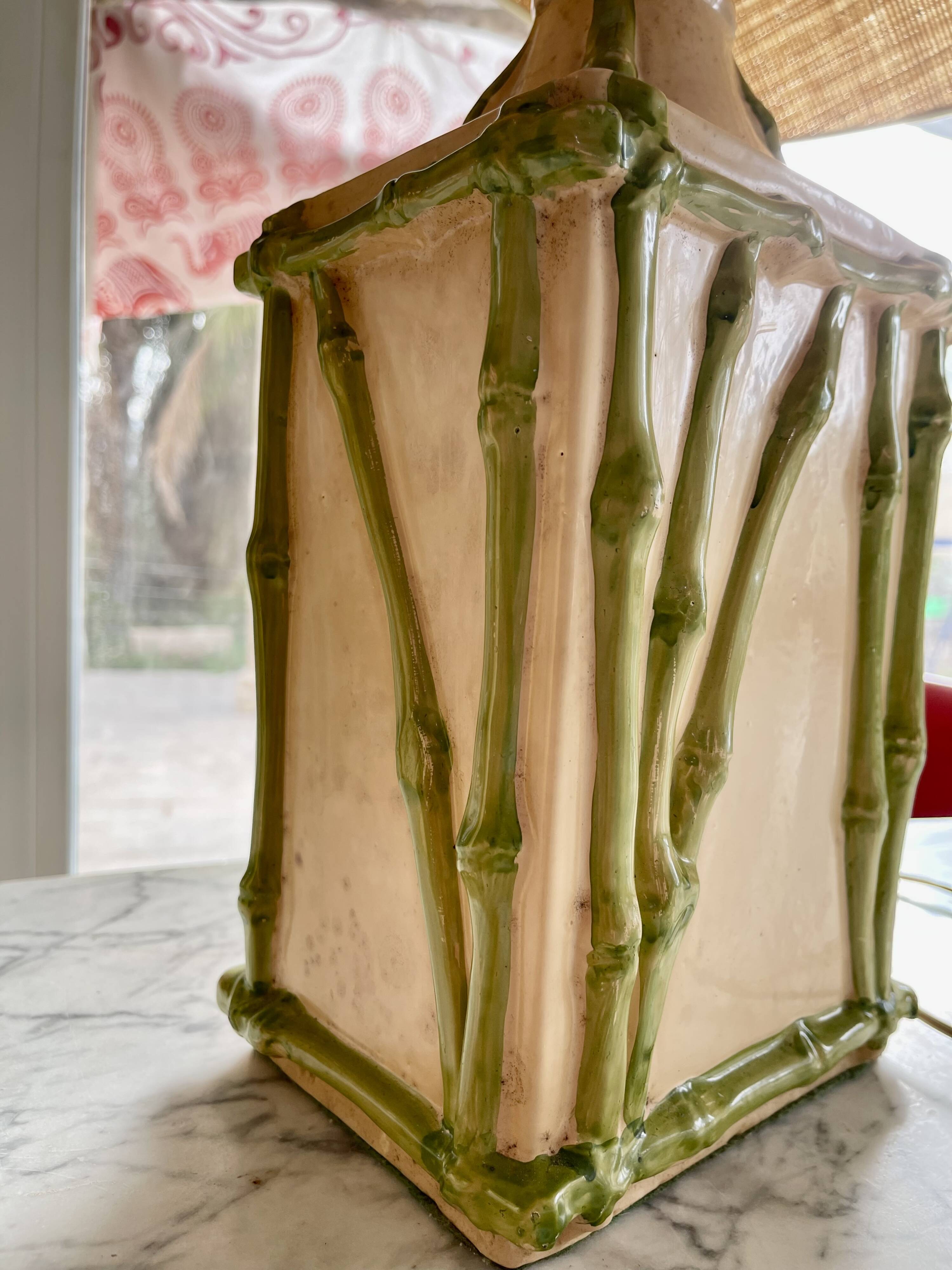 Lampe de table en céramique imitation bambou avec Abat jours, années 1970