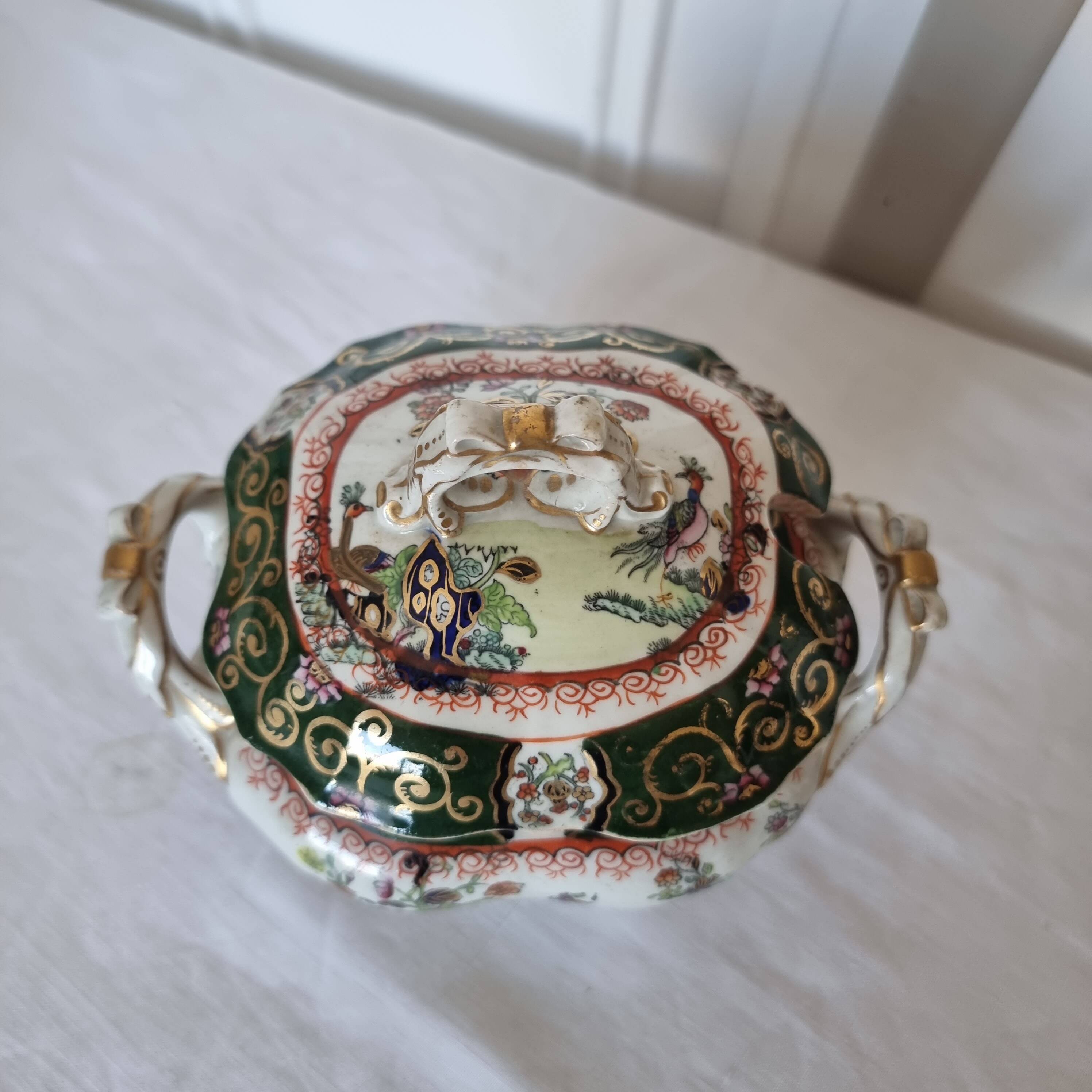Antique Masons Sauce Boat with Lid English Porcelain Chinoiserie F