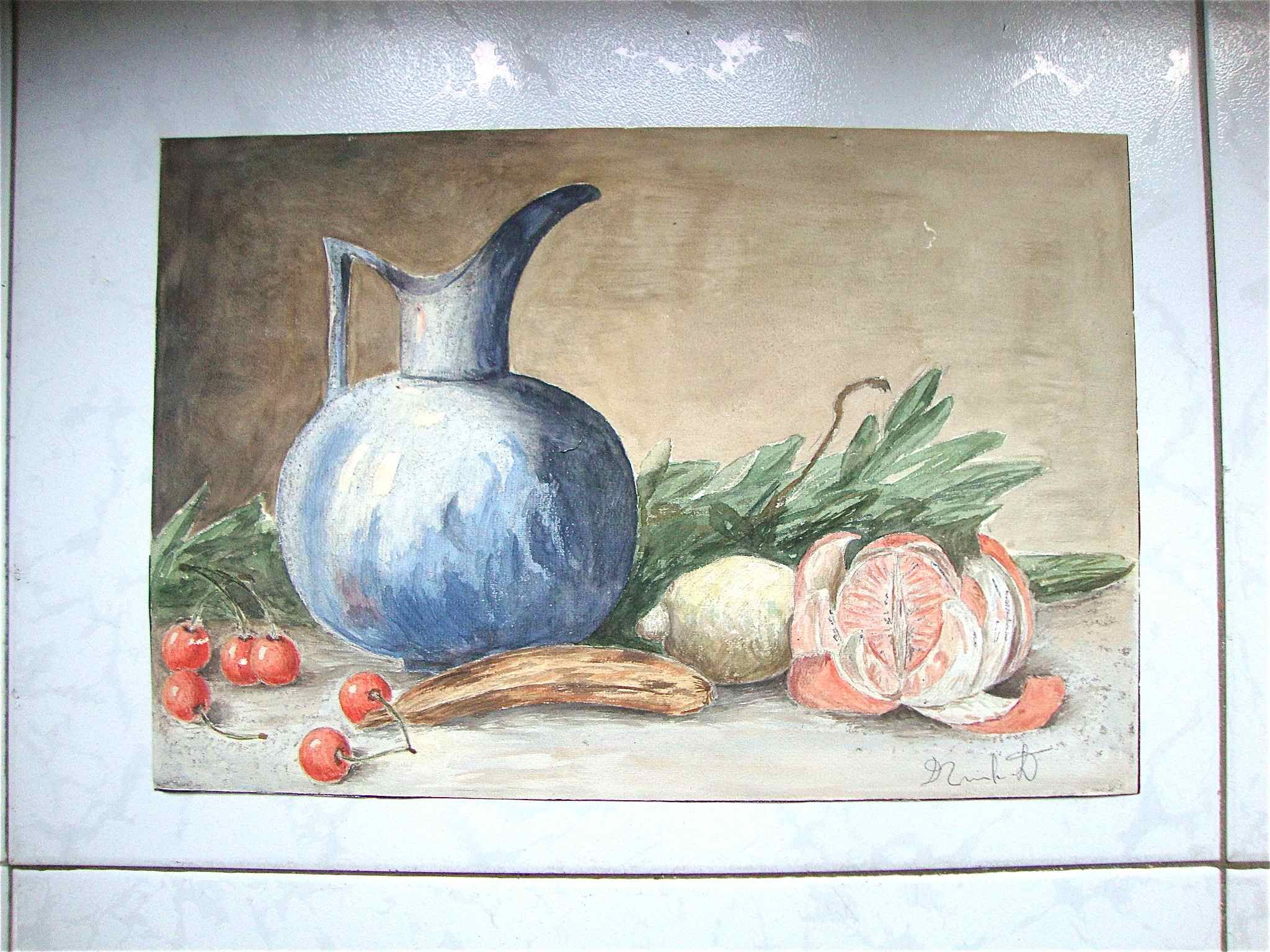 Ancient fruit watercolor and blue pitcher