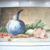 Tableau ancien fruits et pichet bleu