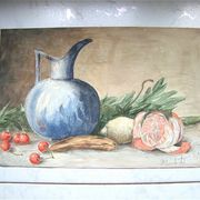 Ancient fruit watercolor and blue pitcher