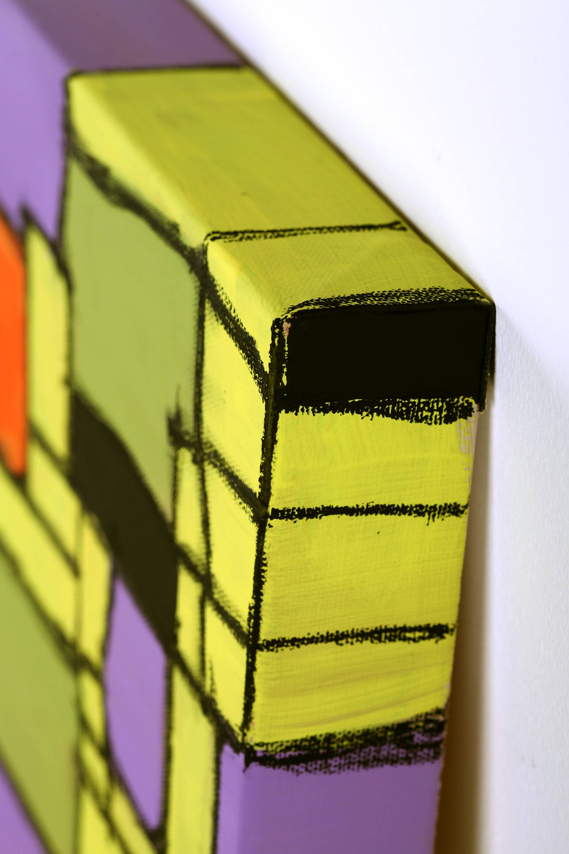 Modern abstract green, yellow, purple and orange mixed media painting