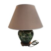 Lampe vase céramique peinte Drimmer + socle bois + abat-jour vintage
