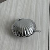 Antique shell butter dish in silver metal and blue glass