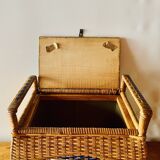 Large vintage rattan and wicker sewing basket with fabric seat