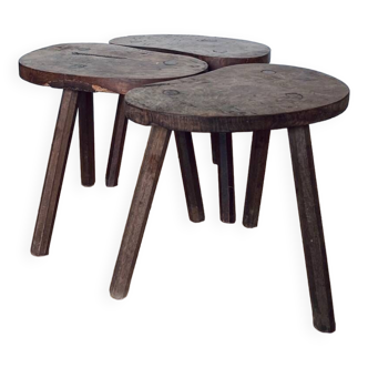 Trio of old wooden tripod stools
