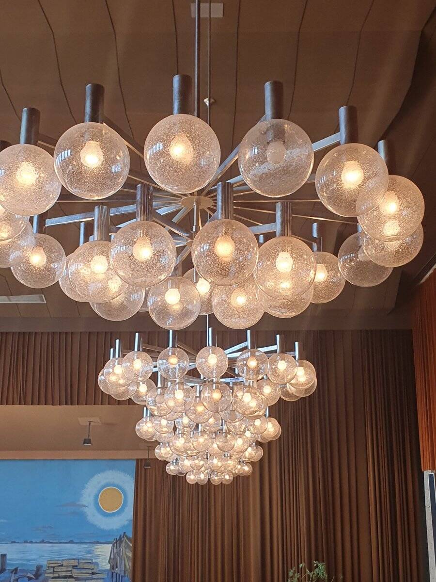 Large chromed spider Sputnik lamp with 24 hand-blown ice glass balls from Ott International, Germany, 1960s.