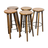 Five vintage oak bar stools