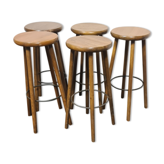 Five vintage oak bar stools