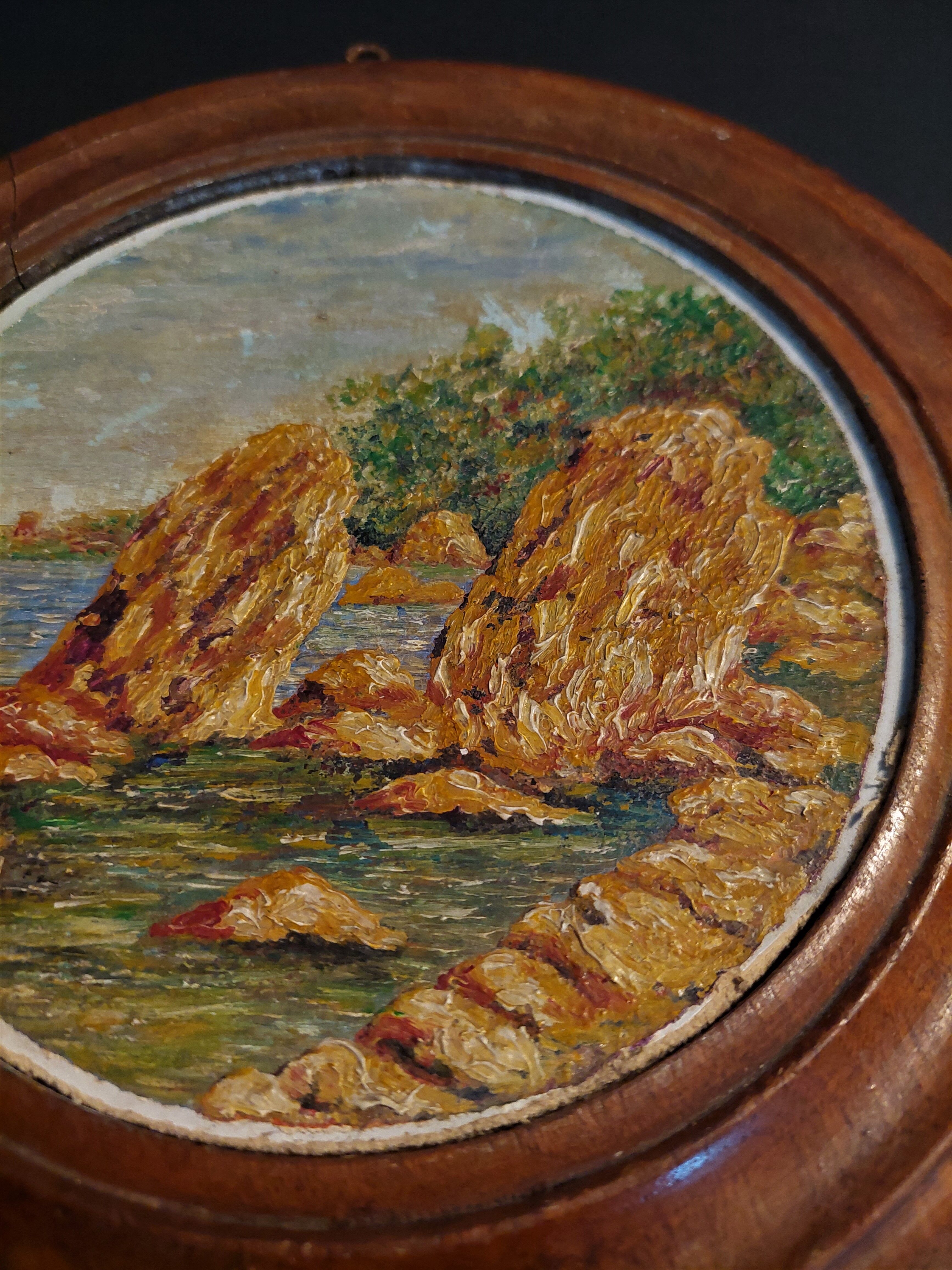 Oil painting on panel in marine tondo wooden frame early twentieth century