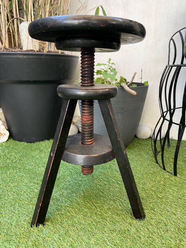 Tabouret de piano à vis vintage en bois noir