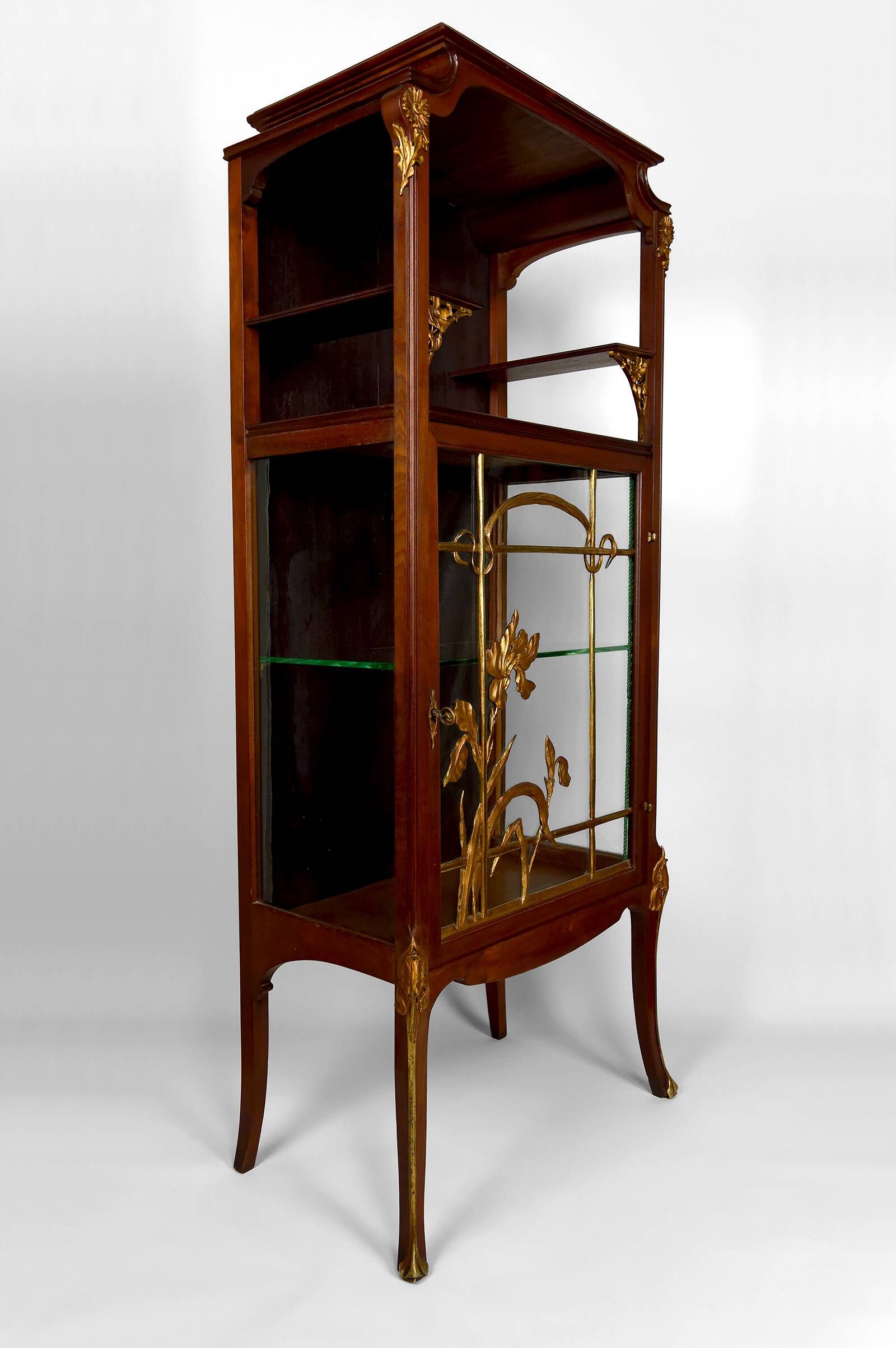 Art Nouveau display case, bronzes and carved wood on a floral theme, circa 1900
