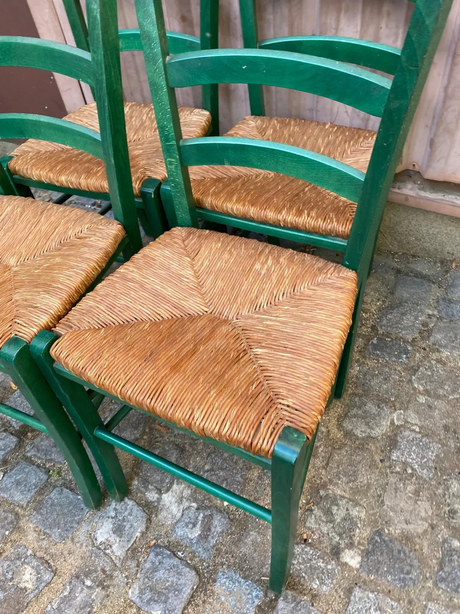 4 solid wood green straw chairs in Bistrot Campagne style from the 1980s.