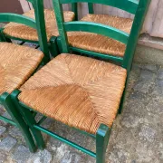 4 solid wood green straw chairs in Bistrot Campagne style from the 1980s.
