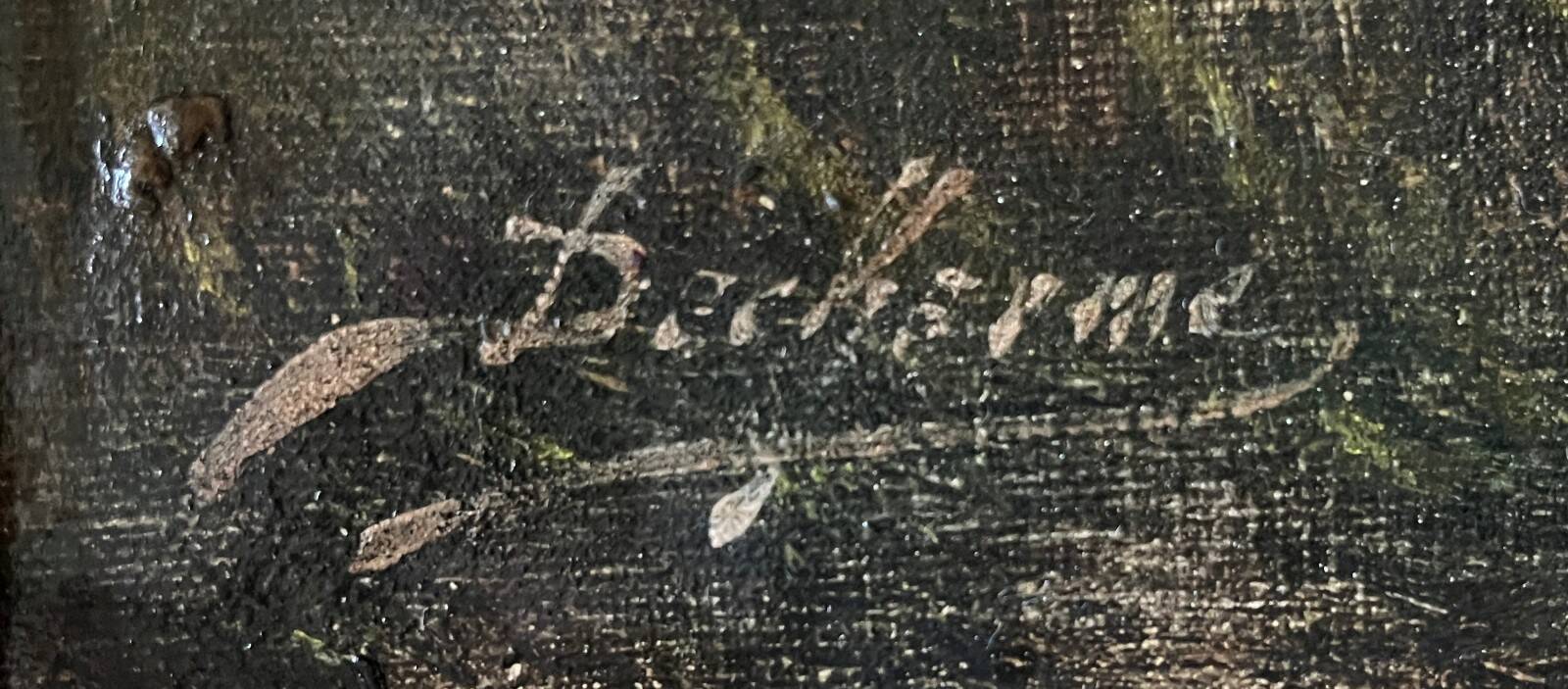 Tableau HST "Animated Lakeside Landscape" by Barbizon school, signed Décharme.