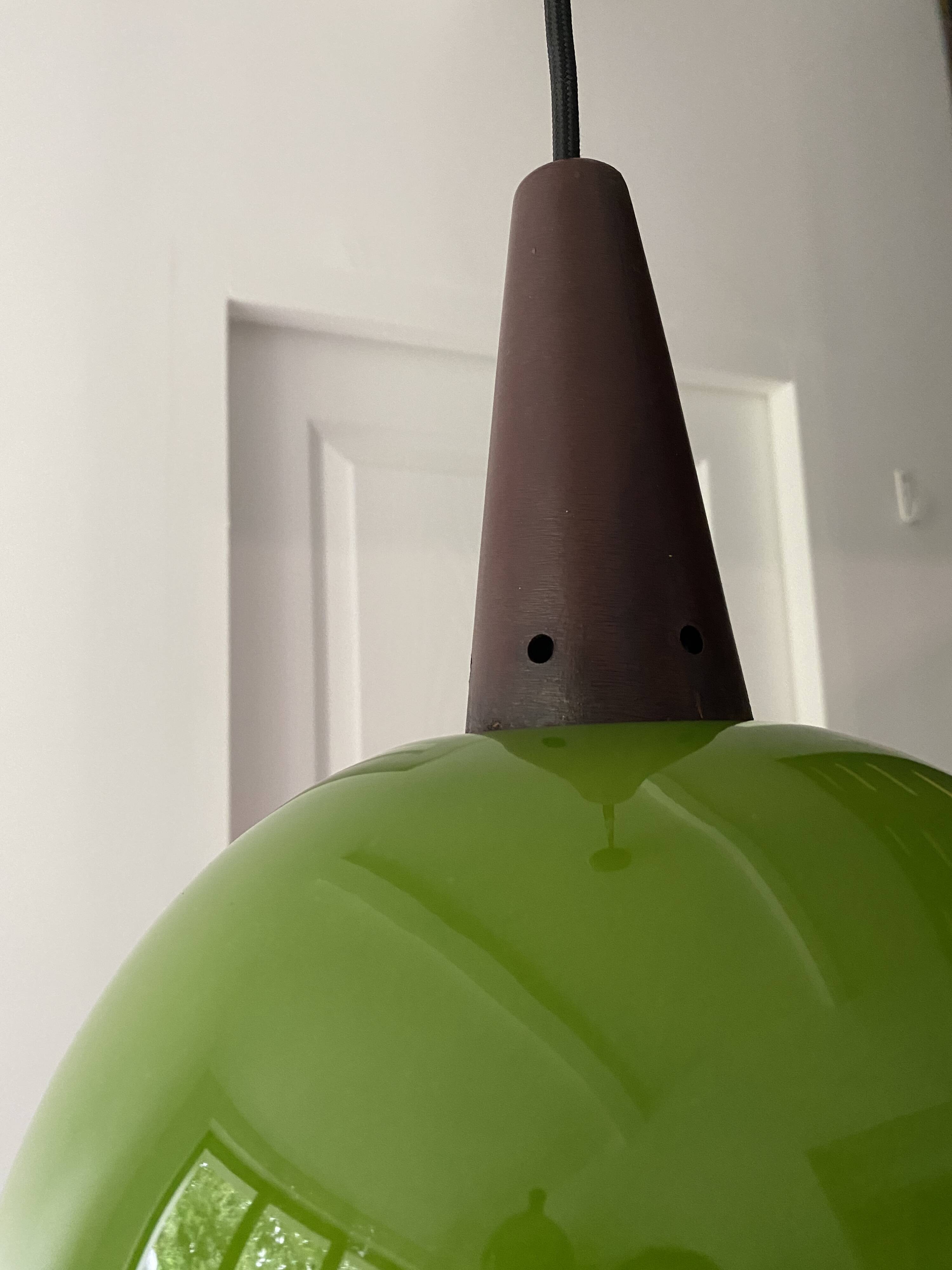 Vintage half globe pendant light in green opaline, imitation teak elements, 50s/60s