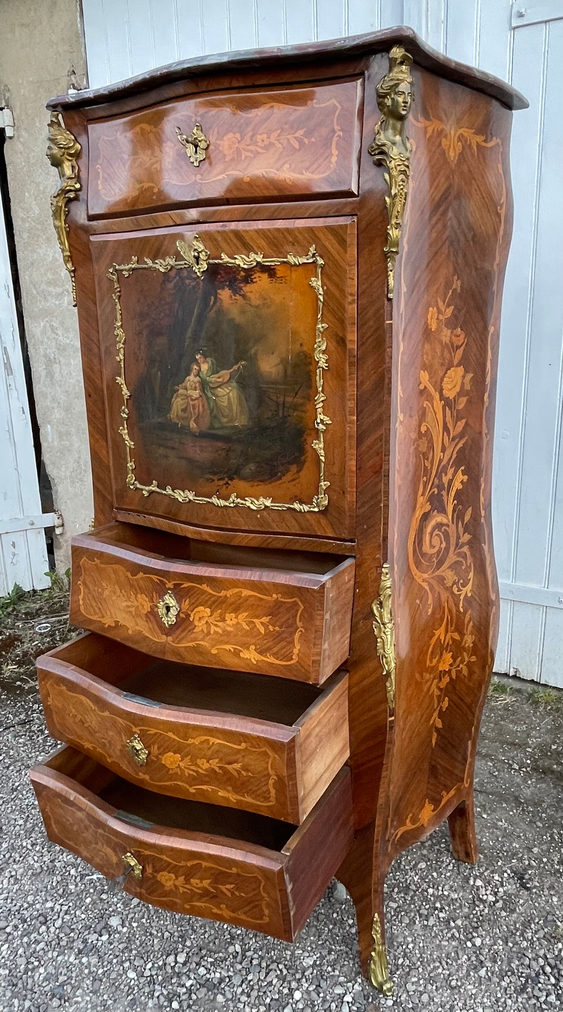 Secretary louis XV curved, varnish Martin, marquetry