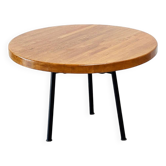 Table à manger ronde industrielle française avec plateau en chêne