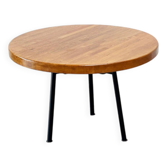 Table à manger ronde industrielle française avec plateau en chêne