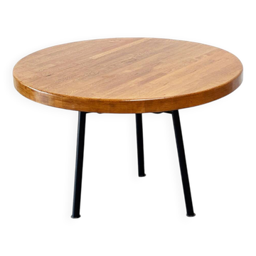 Table à manger ronde industrielle française avec plateau en chêne