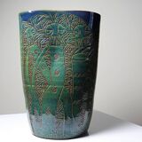 Vintage blue-green artisan pottery vase with incised tribal decoration Eseka Pottery.
