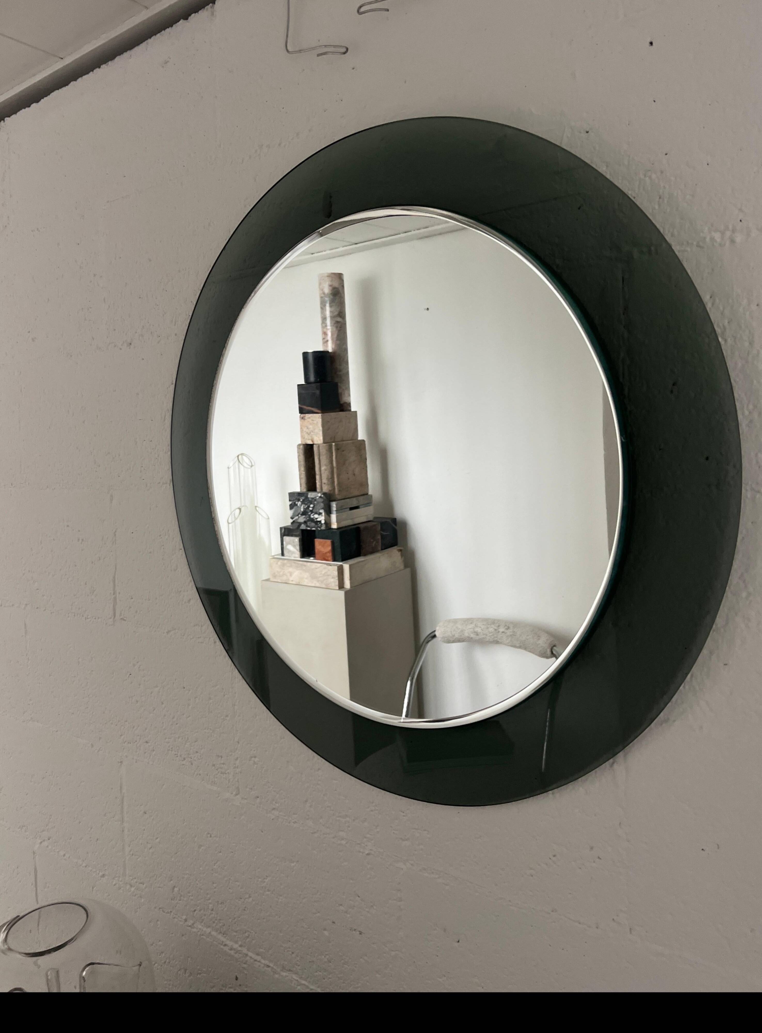 Decorative round wall mirror in smoked glass, Space Age Italian collectible