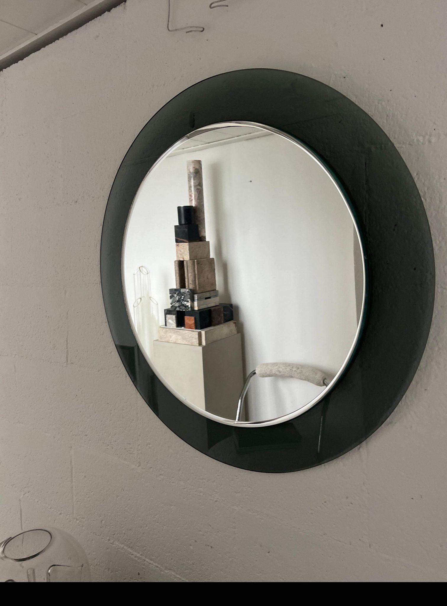 Decorative round wall mirror in smoked glass, Space Age Italian collectible
