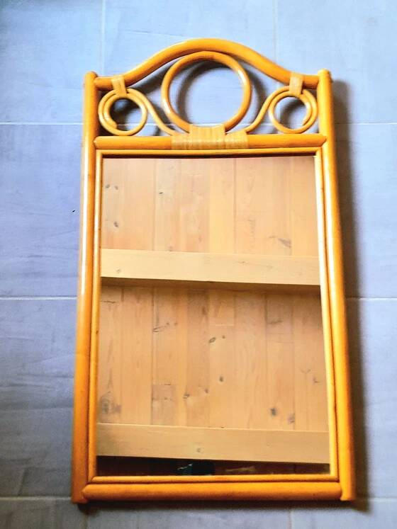 Miroir en bois courbé et rotin