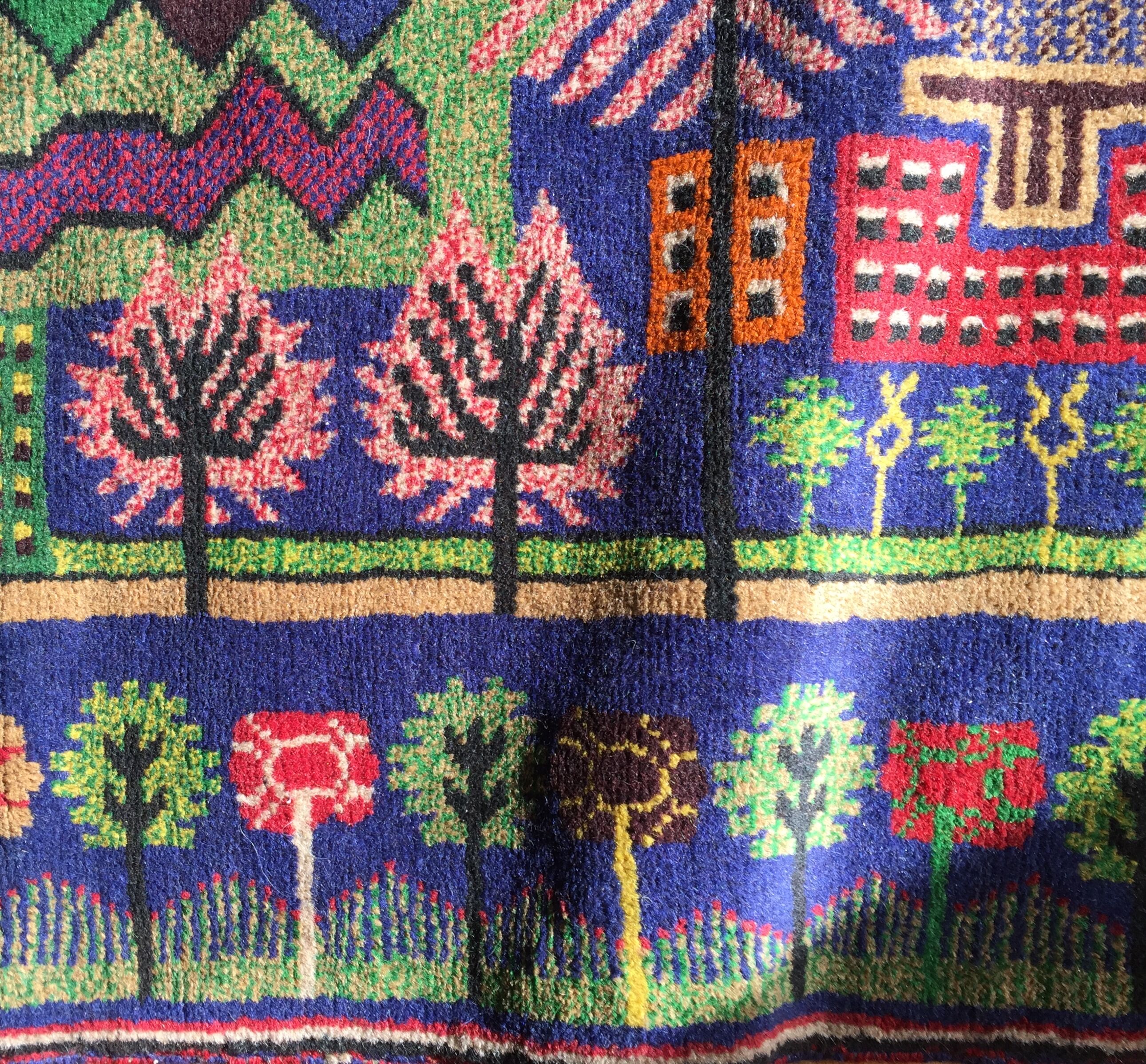 Afghan carpet 80s MOTIF VILLAGE IN PRINTEMPS 85x148cm