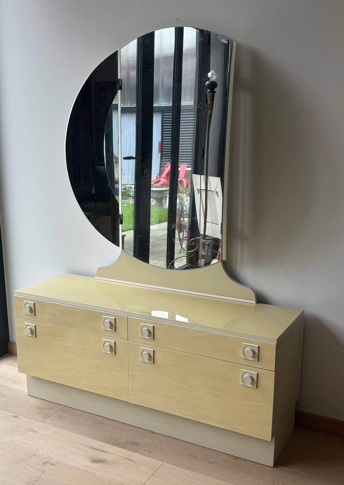 1970s/80s Formica hairdresser's dresser with a folding triptych round mirror.