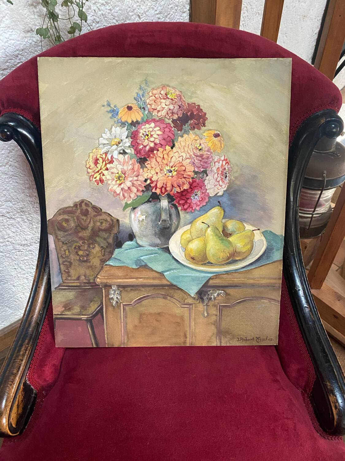 Antique watercolor still life on panel