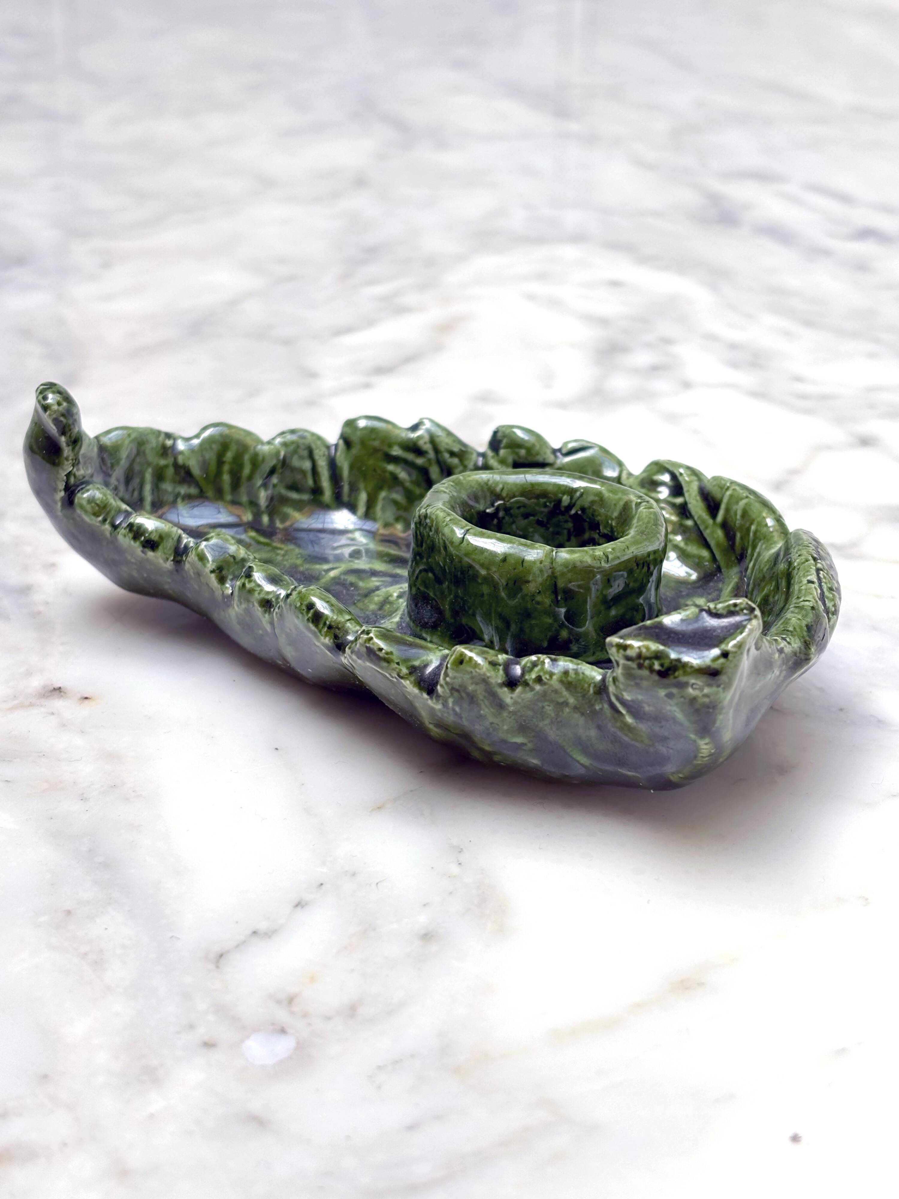 Small candle holder in green slip ceramic