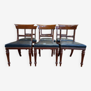 Suite of 6 English chairs in mahogany and black leather