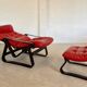 Vintage danish retro reclining lounge chair & stool in red leather by komfo
